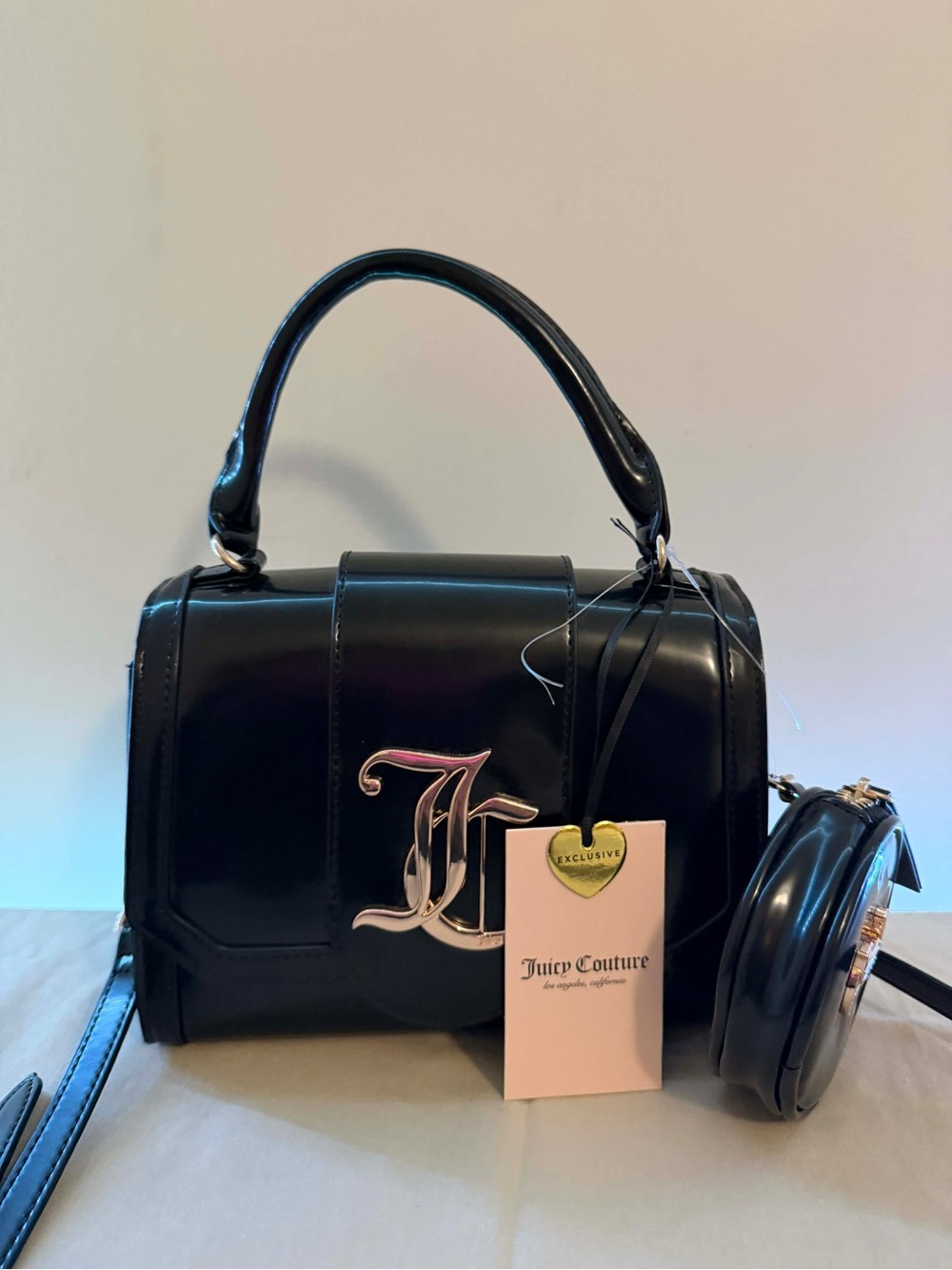 Juicy Couture Black Patent Barrel Satchel with Detachable Round Pouch